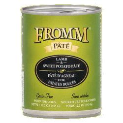 Fromm Lamb & Sweet Potato Pâté Canned Dog Food. Wet dog food can with green label.