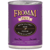 Fromm Grain-Free Duck À La Veg Pâté Canned Dog Food. Wet dog food can with purple label.