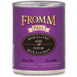 Fromm Grain-Free Duck À La Veg Pâté Canned Dog Food. Wet dog food can with purple label.