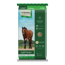 Nutrena SafeChoice Maintenance Horse Feed. Colorful green feed bag.
