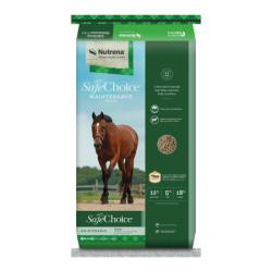 Nutrena SafeChoice Maintenance Horse Feed. Colorful green feed bag.