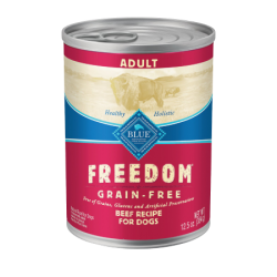 Blue Buffalo Freedom Adult Beef Recipe Grain-Free Canned Dog Food. Tan and red dog food can.