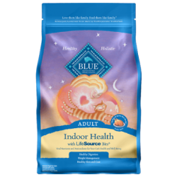 Blue Buffalo Blue Indoor Health Chicken & Brown Rice Recipe For Adult Cats. Colorful blue cat food bag.