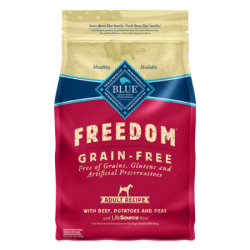 Blue Buffalo Blue Freedom Grain-Free Beef Recipe For Adult Dogs. Tan, blue and red dry dog food bag. 