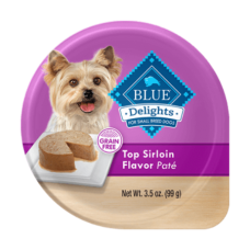 Blue Buffalo Blue Delights Top Sirloin Flavor. Wet dog food in plastic tray for small breed dogs.