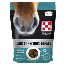 Purina Carb Conscious Horse Treats. Equine treat bag.