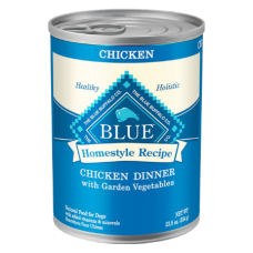 Blue Buffalo Homestyle Recipe Chicken Dinner with Garden Vegetables & Brown Rice Canned Dog Food. Blue and white can of wet dog food.