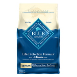 Blue Buffalo Life Protection Formula Senior Dog Food with Chicken and Brown Rice. Blue and white dry dog food bag.