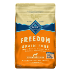 Blue Buffalo Freedom Large Breed Adult Chicken Recipe Grain-Free Dry Dog Food. Tan and orange dry dog food bag.