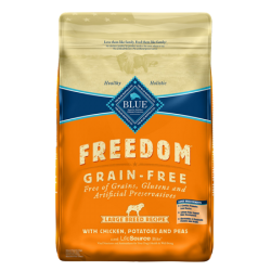 Blue Buffalo Freedom Large Breed Adult Chicken Recipe Grain-Free Dry Dog Food. Tan and orange dry dog food bag.