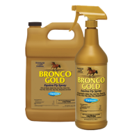Farnam Bronco Gold Equine Fly Spray. Product size group. Gold plastic containers.  Fly control for horses.