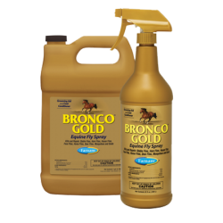 Farnam Bronco Gold Equine Fly Spray. Product size group. Gold plastic containers.  Fly control for horses.