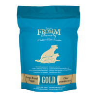 Fromm Large Breed Puppy Gold Dry Dog Food. Blue dog food bag.