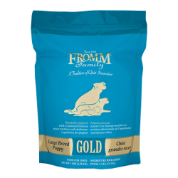 Fromm Large Breed Puppy Gold Dry Dog Food. Blue dog food bag.