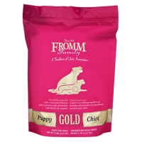 Fromm Puppy Gold Dry Dog Food. Red pet food bag.