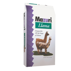 Mazuri Llama Diet HF 5631. Exotic animal feed. White feed bag. Two llamas.