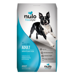 Nulo Freestyle Salmon & Peas Recipe Grain-Free Adult Dry Dog Food. White and blue feed bag.