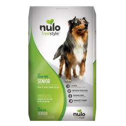 Nulo Freestyle Trout & Sweet Potato Recipe Grain-Free Senior Dry Dog Food. White and green feed bag.
