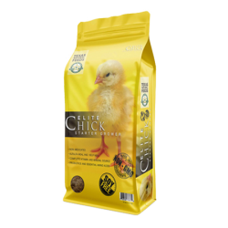 Texas Natural Feeds Elite Chick Starter/Grower. Yellow poultry feed bag. Chick.