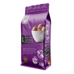 Texas Natural Feed Elite Layer Crumbles. Purple poultry feed bag.