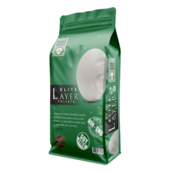 Texas Natural Feeds Elite Layer Pellets. Green poultry feed bag. Large white egg.