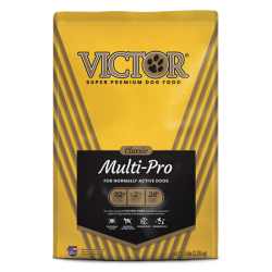 Victor Classic Multi-Pro Dry Dog Food. Yellow pet food bag.
