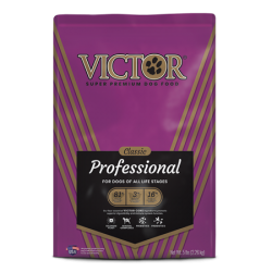 Victor Classic Professional Dry Dog Food. Purple pet food bag.