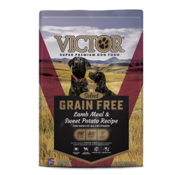 Victor Grain Free Lamb Meal & Sweet Potato Recipe. Pet food bag.