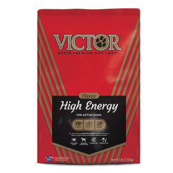 Victor High Energy Dry Dog Food. Red pet food bag.