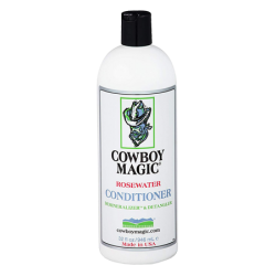 Cowboy Magic Rosewater Pet Conditioner. White plastic bottled with black cap.
