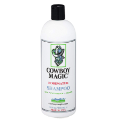 Cowboy Magic Rosewater Pet Shampoo. White plastic bottle with black cap.