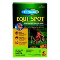 Farnam Equi-Spot Fly Control For Horses. Colorful green product packaging. Fly control for horses. 