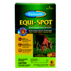 Farnam Equi-Spot Fly Control For Horses. Colorful green product packaging. Fly control for horses. 