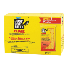 Farnam Just One Bite Rat & Mouse Bars. Bright yellow box. Rodent control product.