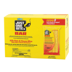 Farnam Just One Bite Rat & Mouse Bars. Bright yellow box. Rodent control product.