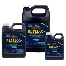 Farnam Repel-X Pe Emulsifiable Fly Spray. Fly control for horses. Three black containers.