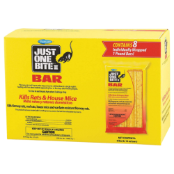 Farnam Just One Bite II – 8 x 16oz Bar. Bright yellow box. Rodent control product. 