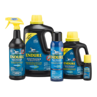 Farnam Endure Sweat Resistant Fly Spray. Product size group. Blue plastic containers. Yellow caps. Fly control for horses. 