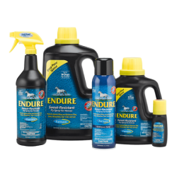 Farnam Endure Sweat Resistant Fly Spray. Product size group. Blue plastic containers. Yellow caps. Fly control for horses. 