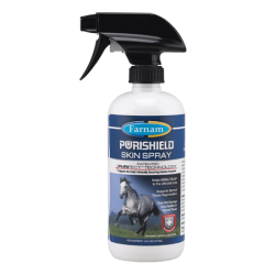 Farnam PuriShield Skin Spray. White spray bottle. Black sprayer.  Horse health product.