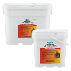 Farnam PyrantelCare Daily Dewormer 2.11. For treatment and prevention of equine parasites. Two white plastic pail containers. 