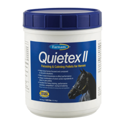 Farnam Quietex II Pellets. Calming product for horses. White plastic container with blue lid.