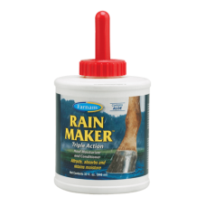 Farnam Rain Maker Hoof Moisturizer and Conditioner. Hoof care for equine. White plastic container with extended red cap.