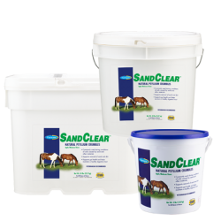 Farnam SandClear Natural Psyllium Crumbles. Horse supplement. Three white plastic pails.