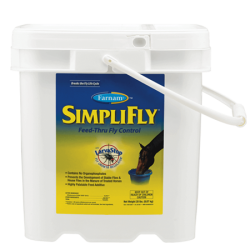 Farnam SimpliFly with LarvaStop. Fly control for equine. White plastic pail with yellow label. 