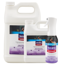Farnam Vetrolin Liniment. Equine health product. Multiple white containers.