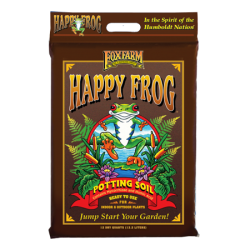 FoxFarm Happy Frog Potting Soil. Colorful brown plastic bag.