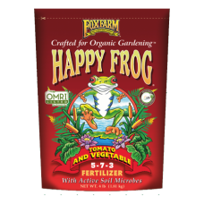 FoxFarm Happy Frog Tomato & Vegetable Fertilizer. Colorful red bag. Gardening supplies.