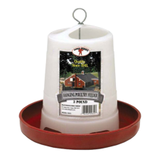 Little Giant 3lb Plastic Hanging Poultry Feeder. Red and white plastic feeders.