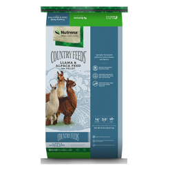 Nutrena Country Feeds Llama & Alpaca Feed. Exotic animal feed. Blue feed bag.